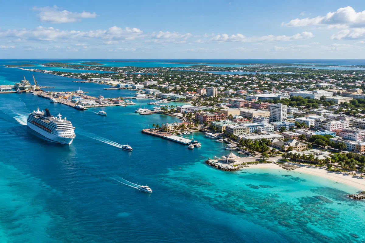 Aerial view of Nassau coastline for a Bahamas Digital Arrival Card and BEATS day-tracking guide