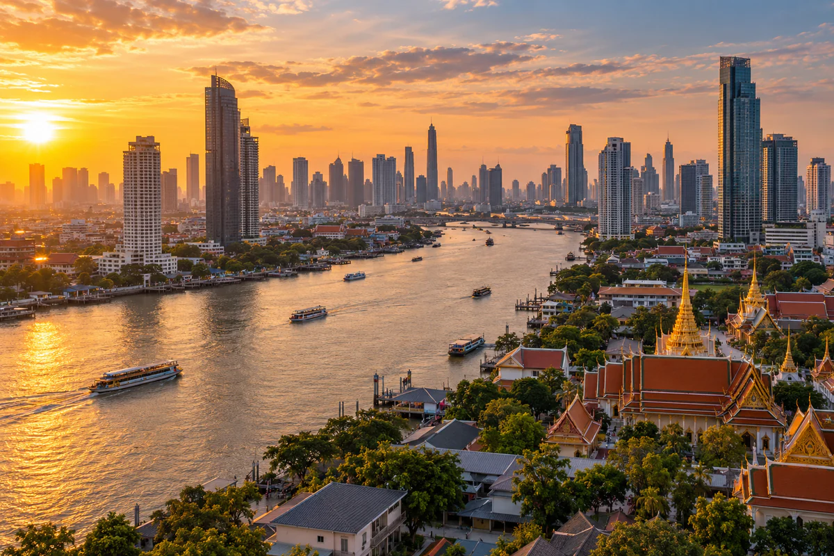 Aerial view of Bangkok skyline and Chao Phraya River for a Thailand TDAC day-tracking guide
