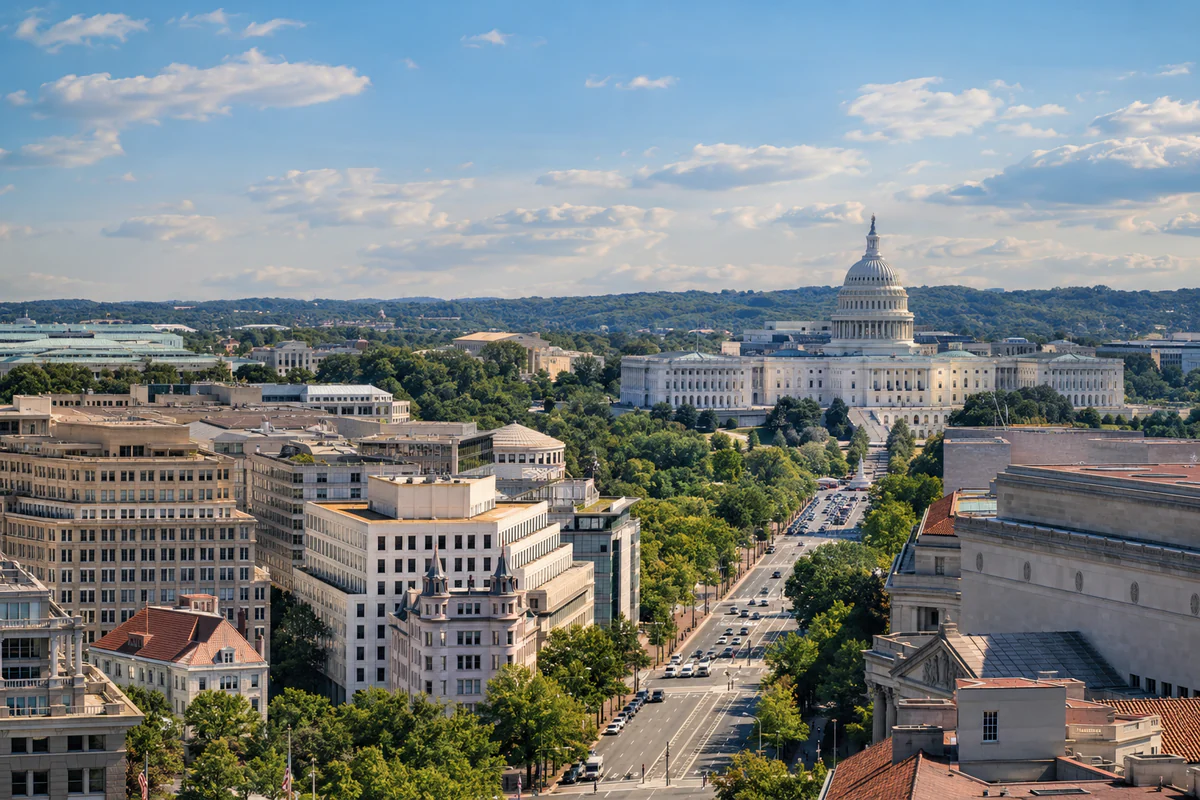 Elevated view of Washington DC for a guide to U.S. Substantial Presence Test day counting